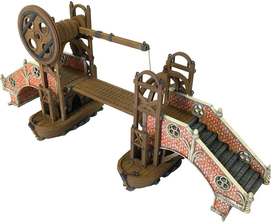 Detailed Renaissance-style mechanical bridge and water wheel model, showcasing ornate brickwork and functional design, perfect for educational use and historical dioramas.