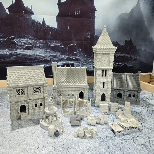 Small Village Set: Medieval Era, Tabletop Terrain -RPG & Wargames, Includes 3 Houses, 2 Stalls, 1 Clocktower, Scatter - 4 scales available