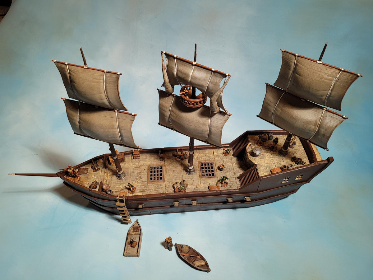 Game Board, Ship, Pirate SHip, Cargo Ship, Shipping Vessel, Seaport, Harbor ship, DND Terrain, DND Miniatures, gaming terrain, Pirate, 28mm Terrain, Pirate vessel, Pirate Terrain, Pirate merchant, Merchant ship, Village, Jack Sparrow, carrack, boat