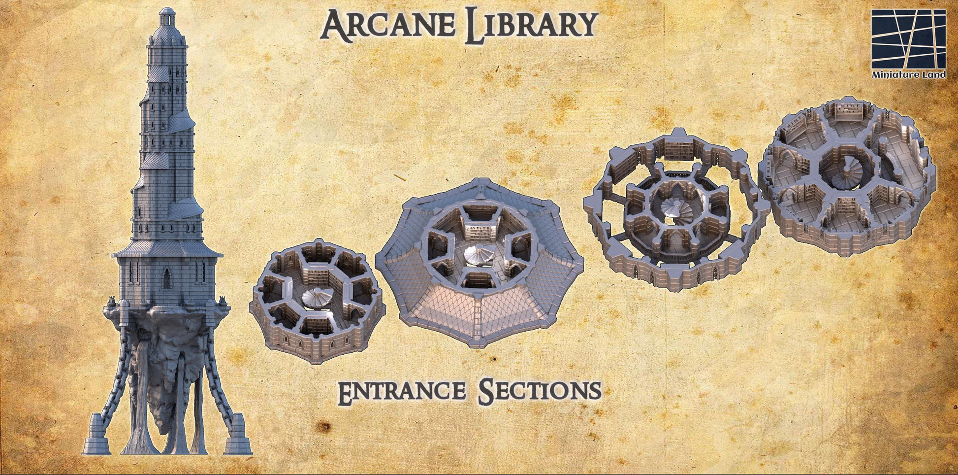Discover the towering grandeur of the Arcane Library, standing over six feet tall. Available with or without its enigmatic floating basement, this model is designed to be the crown jewel of your RPG setting.