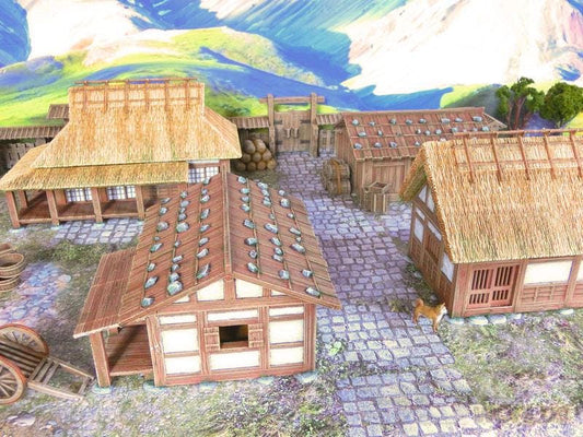 Intricately detailed miniature Samurai Farmhouse set featuring traditional Japanese farmhouses, accessories, and landscape elements.