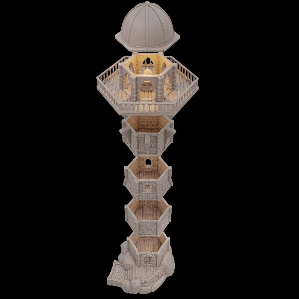 Detailed 28mm scale model of the Ferisia Coastal Lighthouse, featuring multiple accessible levels, intricate stonework, and historical architecture, perfect for fantasy tabletop RPGs.