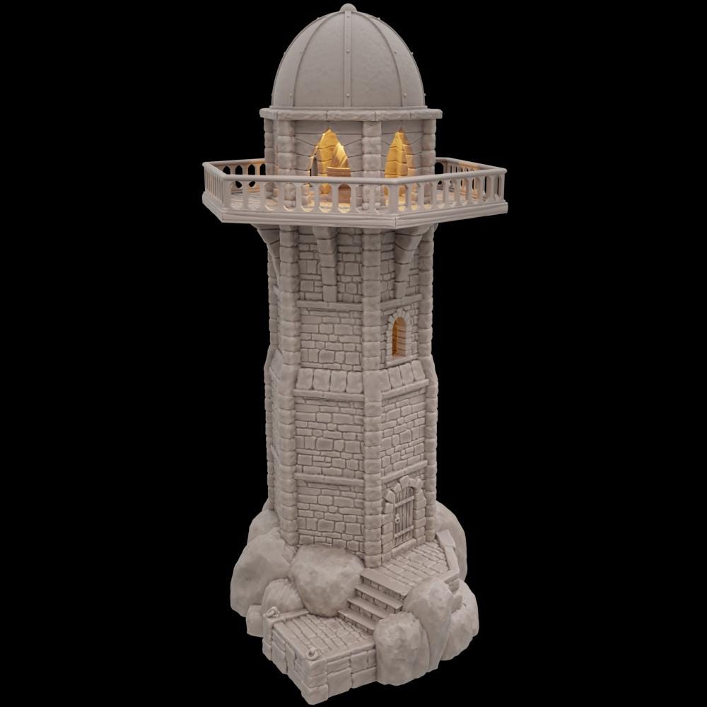 Detailed 28mm scale model of the Ferisia Coastal Lighthouse, featuring multiple accessible levels, intricate stonework, and historical architecture, perfect for fantasy tabletop RPGs.