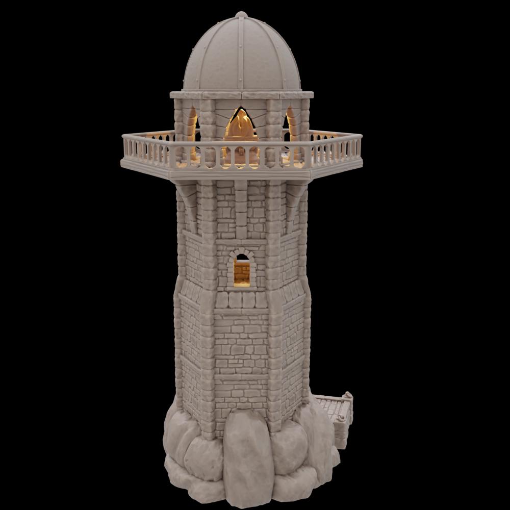 Detailed 28mm scale model of the Ferisia Coastal Lighthouse, featuring multiple accessible levels, intricate stonework, and historical architecture, perfect for fantasy tabletop RPGs.