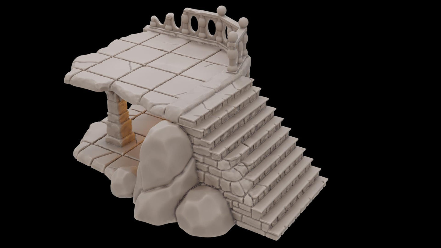 Ferisia Ruined Plaza Set for tabletop RPGs, featuring detailed ruins, market goods, and natural elements, perfect for creating dynamic and immersive game environments.