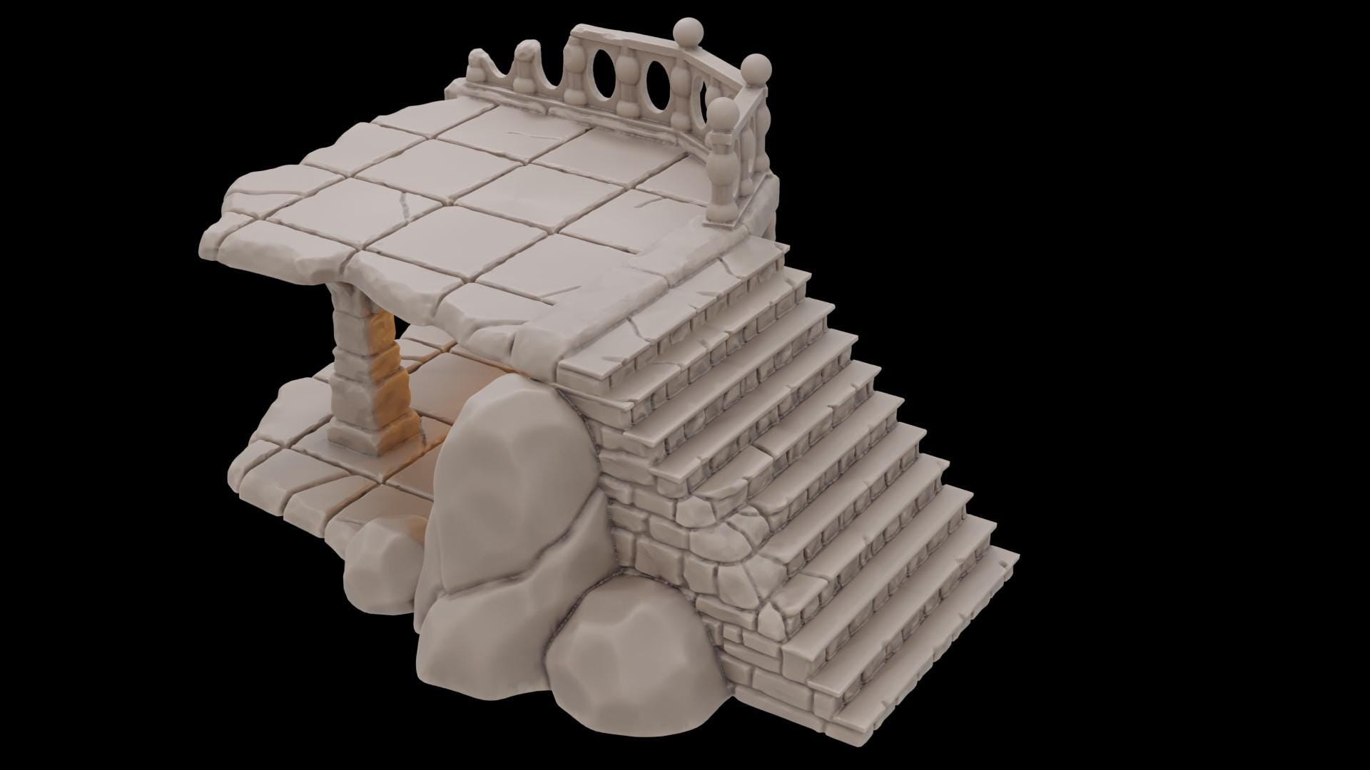 Ferisia Ruined Plaza Set for tabletop RPGs, featuring detailed ruins, market goods, and natural elements, perfect for creating dynamic and immersive game environments.