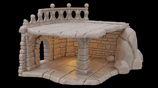 Ferisia Ruined Plaza Set for tabletop RPGs, featuring detailed ruins, market goods, and natural elements, perfect for creating dynamic and immersive game environments.