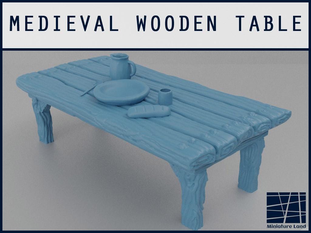Realistic 3D printed medieval wooden table with accessories, designed for tabletop RPGs and dioramas, enhancing gaming environments with authentic details.