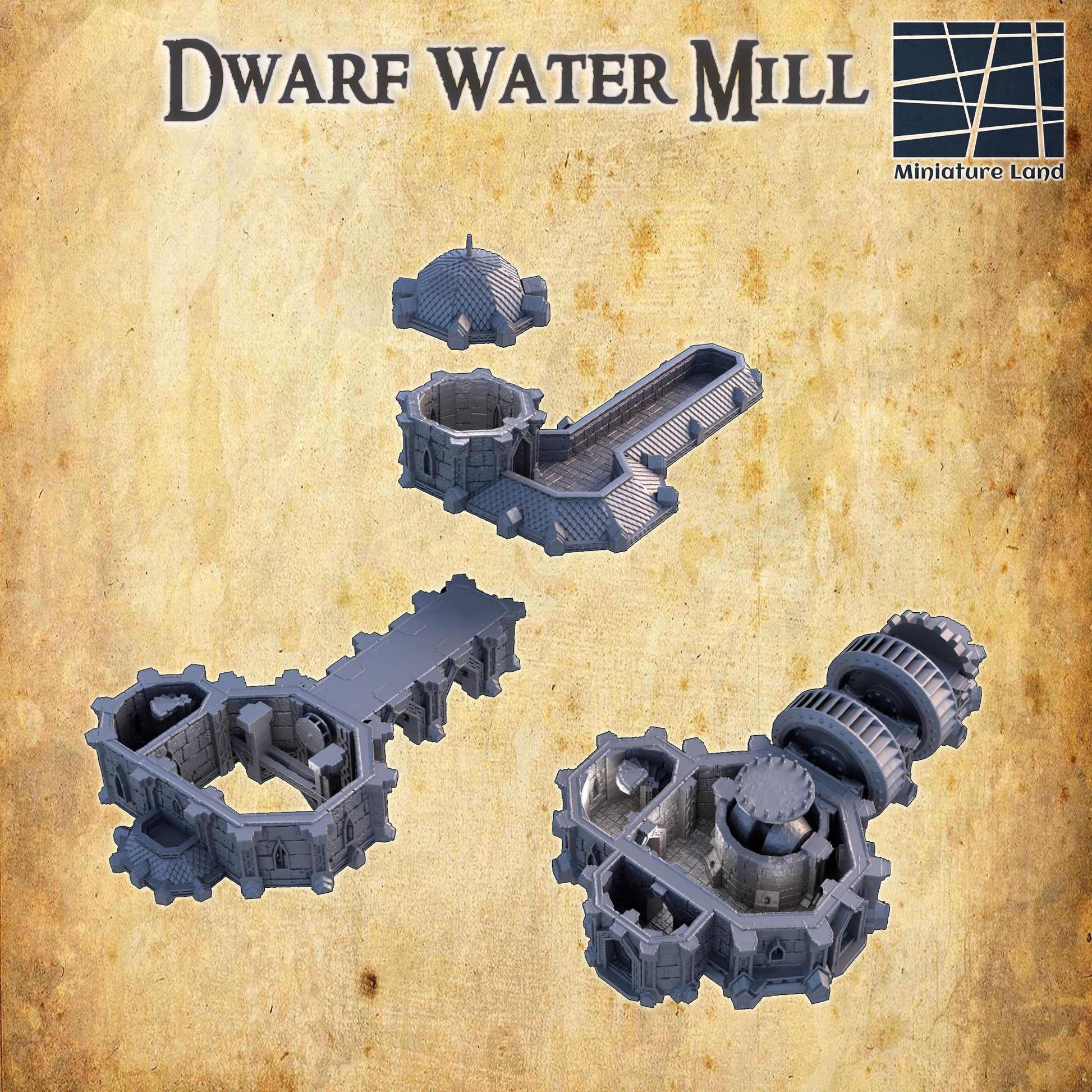 Modular Dwarven Water Mill model featuring a detailed stone structure and a rotating water wheel, perfect for fantasy tabletop RPGs.