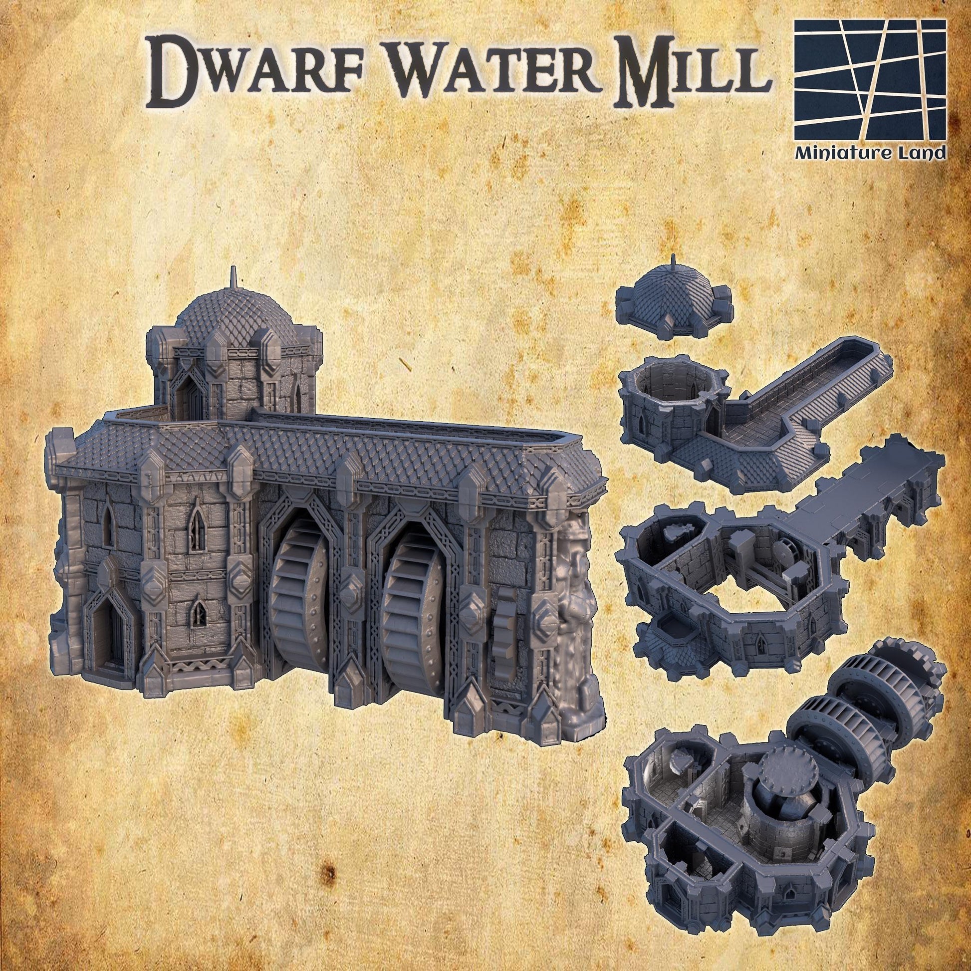 Modular Dwarven Water Mill model featuring a detailed stone structure and a rotating water wheel, perfect for fantasy tabletop RPGs.