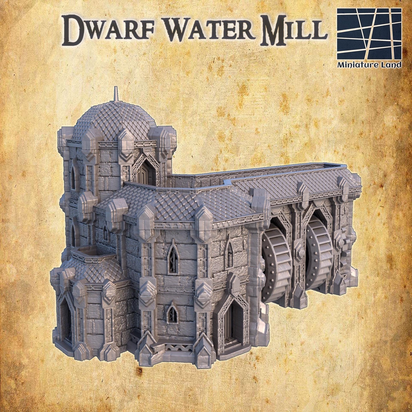Modular Dwarven Water Mill model featuring a detailed stone structure and a rotating water wheel, perfect for fantasy tabletop RPGs.