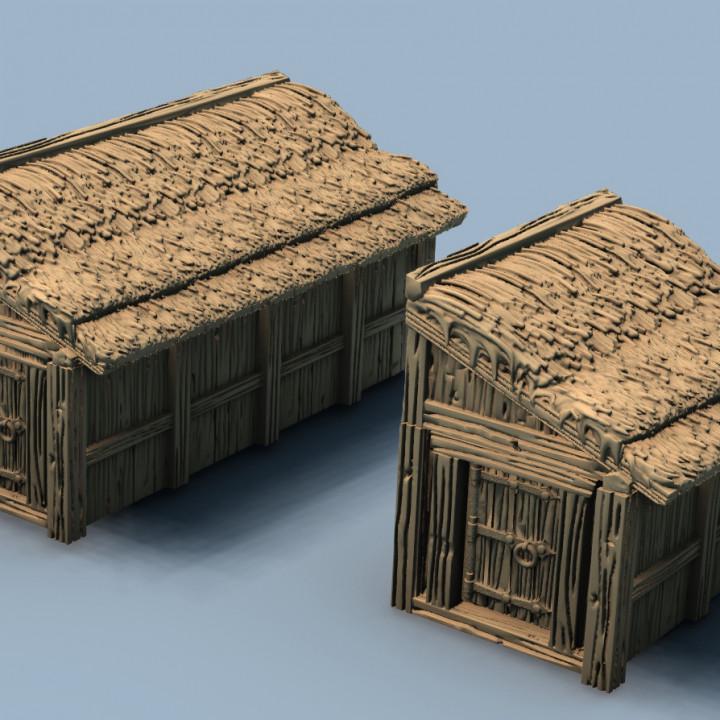 Side Sheds Add-on Set for Tabletop Terrain, Varied-Length Thatched Roof Miniatures, Model Railroading Accessory