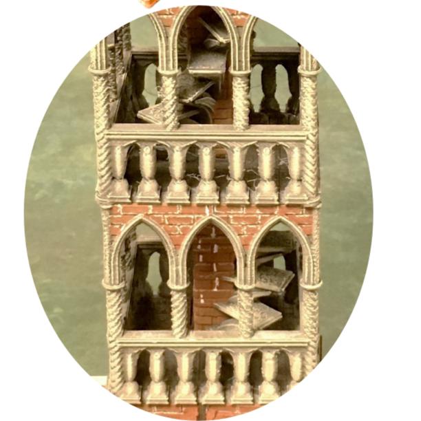 Majestic medieval tower model &quot;Torre dell&#39;Alba&quot; with intricate gothic architecture and a striking blue roof, perfect for tabletop terrain and model railroading.