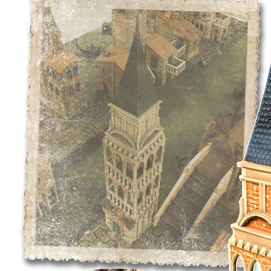 Majestic medieval tower model &quot;Torre dell&#39;Alba&quot; with intricate gothic architecture and a striking blue roof, perfect for tabletop terrain and model railroading.