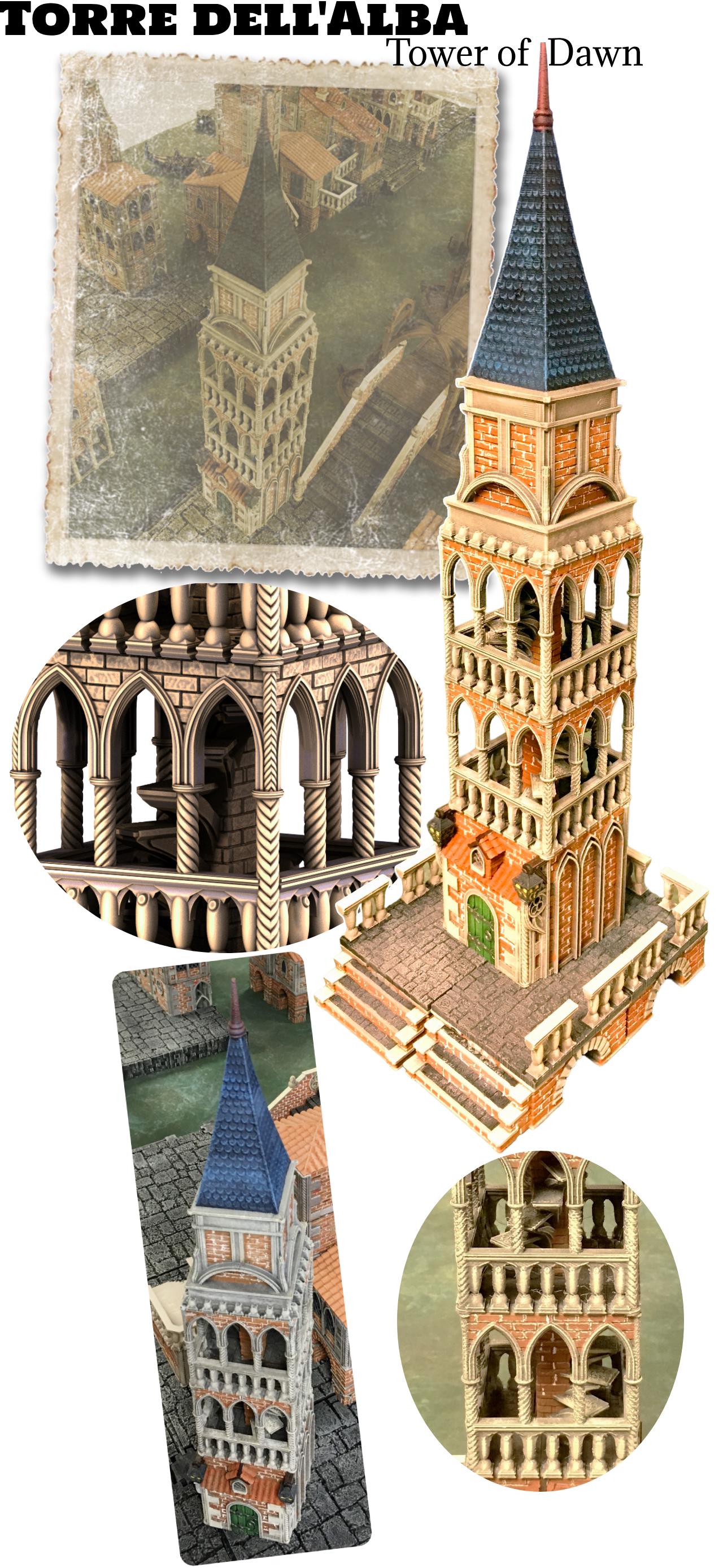 Majestic medieval tower model &quot;Torre dell&#39;Alba&quot; with intricate gothic architecture and a striking blue roof, perfect for tabletop terrain and model railroading.