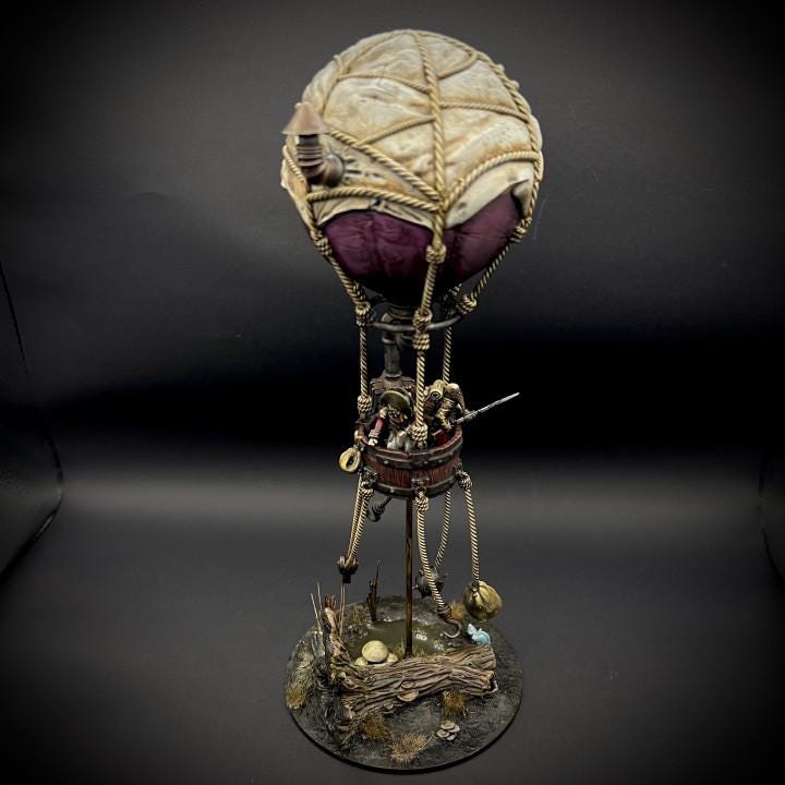 Detailed view of the &quot;Steampunk Explorer Airship,&quot; a fantasy-inspired hot air balloon model featuring steampunk elements and colorful design, perfect for enhancing tabletop RPG settings and dioramas.