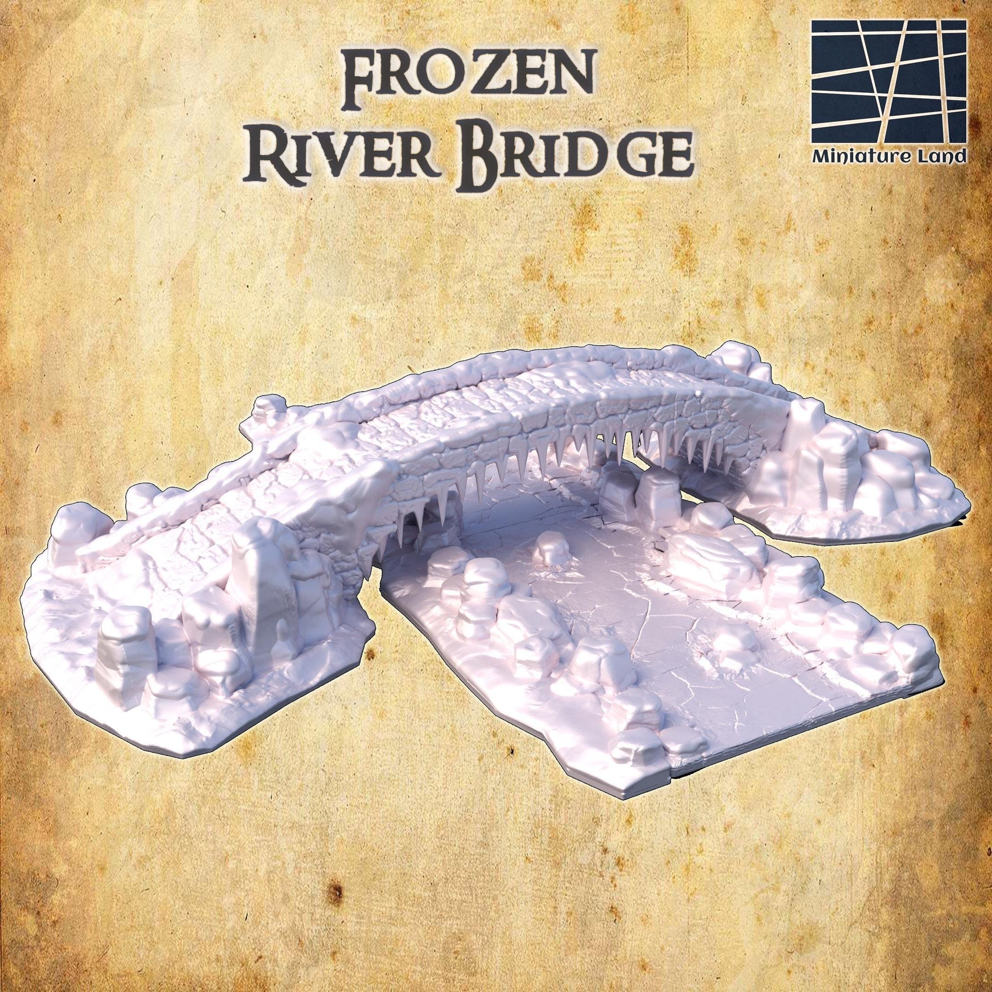 Traverse the icy realms with the &quot;Frozen River Bridge&quot; – a meticulously crafted miniature perfect for enhancing your wargaming and RPG environments with a touch of winter&#39;s harsh beauty.