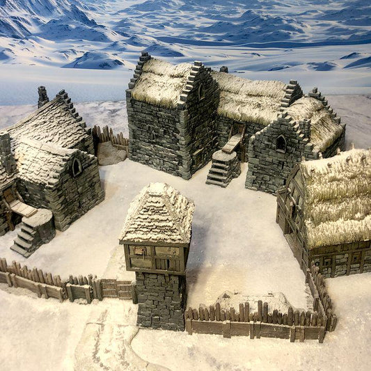 Explore the Knights Estate: a complete medieval village set with detailed buildings like a great hall, rectory, and guard tower, surrounded by defensive fencing. Perfect for enhancing your tabletop gaming experience.