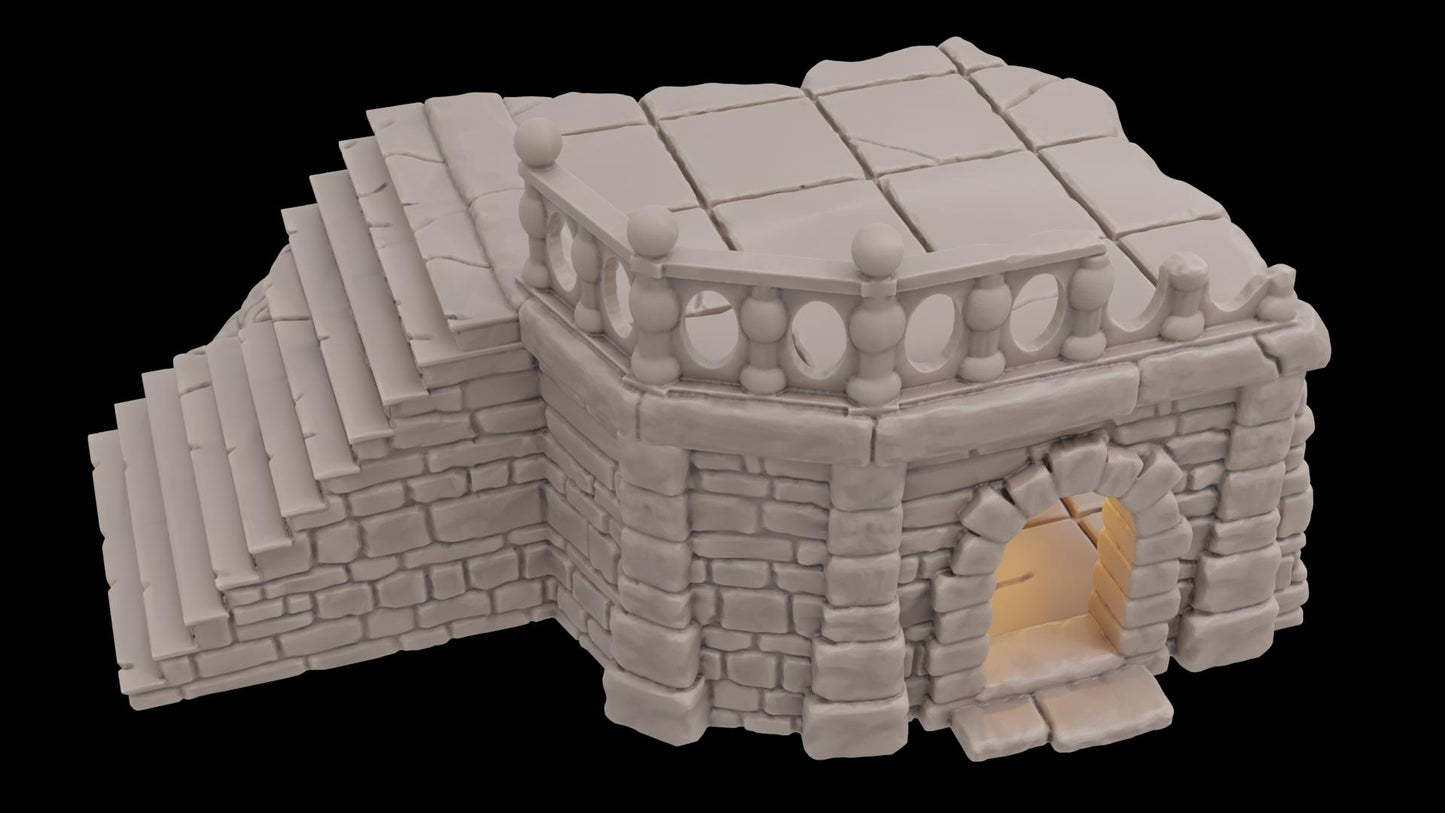 Ferisia Ruined Plaza Set for tabletop RPGs, featuring detailed ruins, market goods, and natural elements, perfect for creating dynamic and immersive game environments.