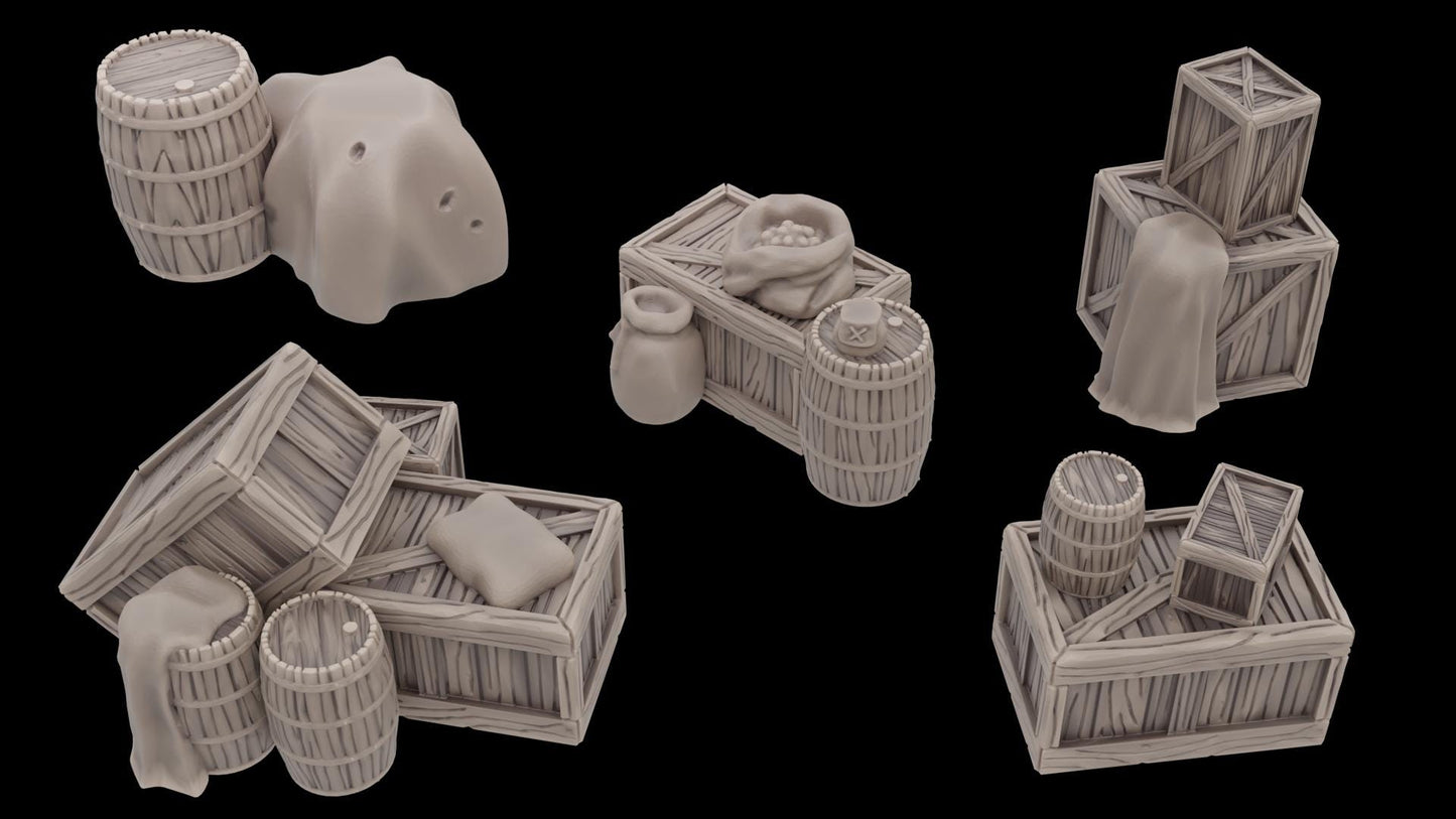 Ferisia Ruined Plaza Set for tabletop RPGs, featuring detailed ruins, market goods, and natural elements, perfect for creating dynamic and immersive game environments.