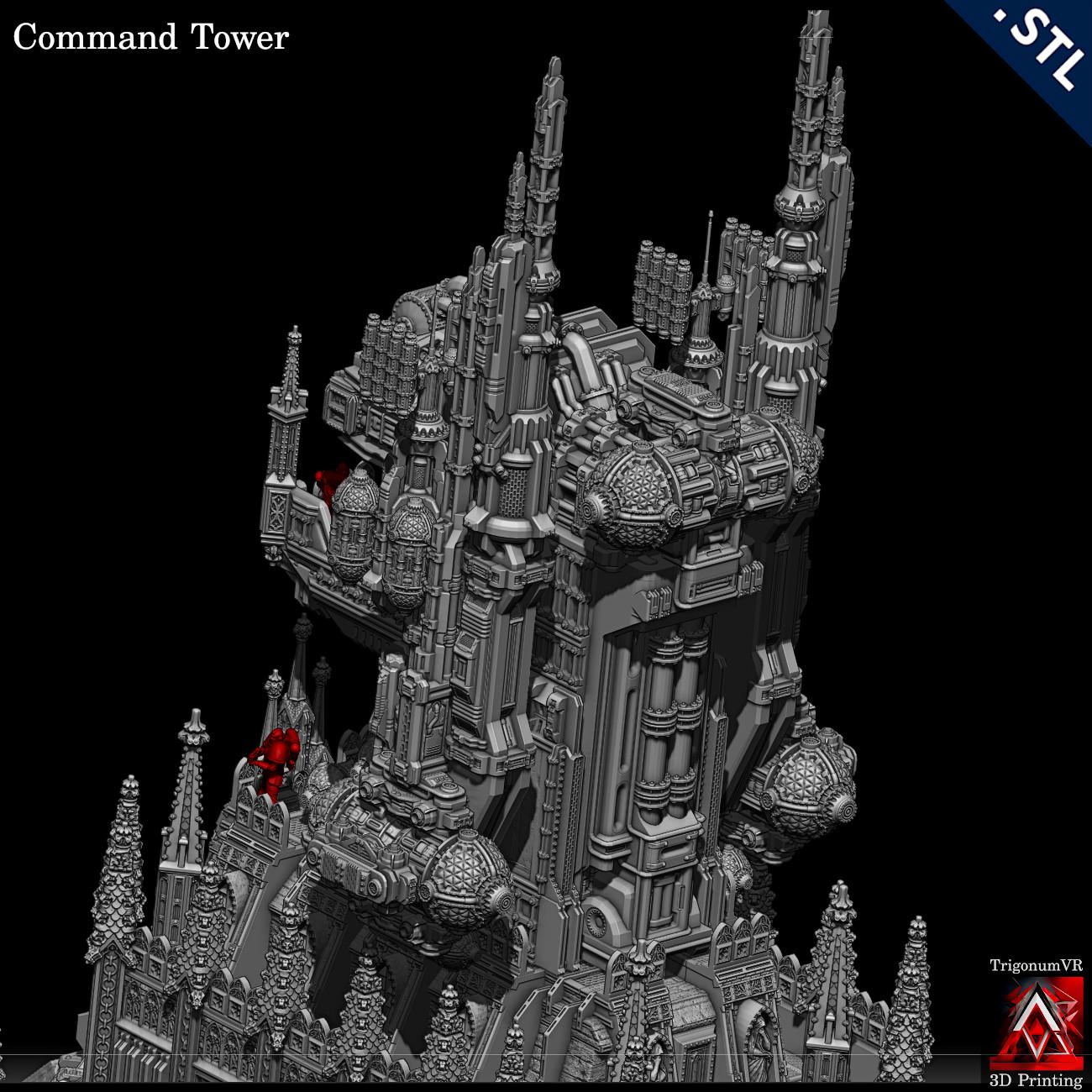 The Imperium Grimdark Arch Gate model showcases an intricate military command tower with gothic and industrial elements, perfect for tabletop war games.