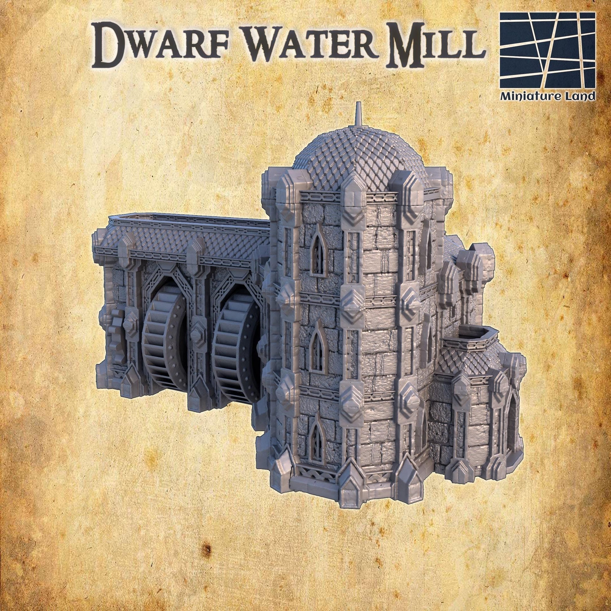 Modular Dwarven Water Mill model featuring a detailed stone structure and a rotating water wheel, perfect for fantasy tabletop RPGs.