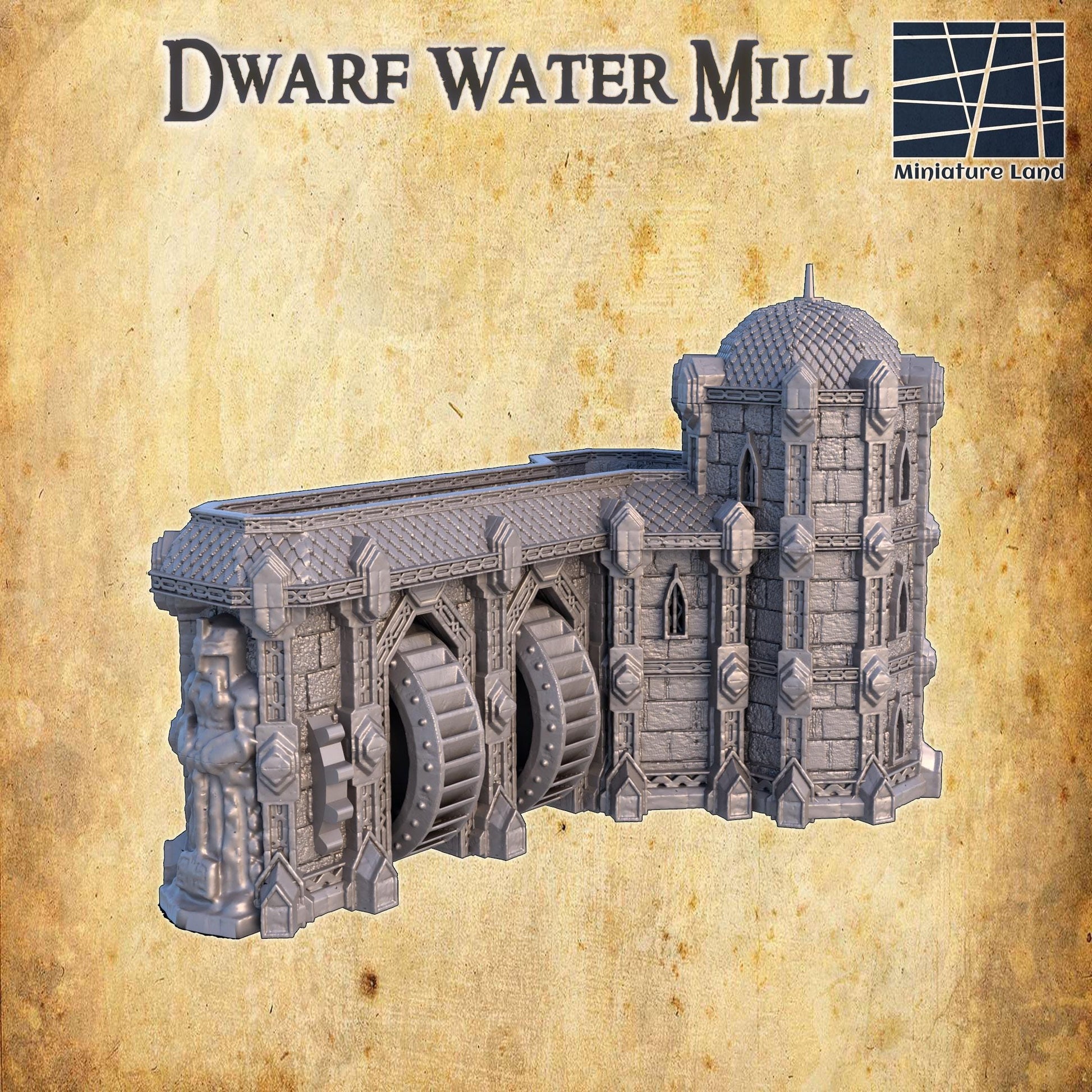 Modular Dwarven Water Mill model featuring a detailed stone structure and a rotating water wheel, perfect for fantasy tabletop RPGs.