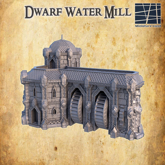 Modular Dwarven Water Mill model featuring a detailed stone structure and a rotating water wheel, perfect for fantasy tabletop RPGs.