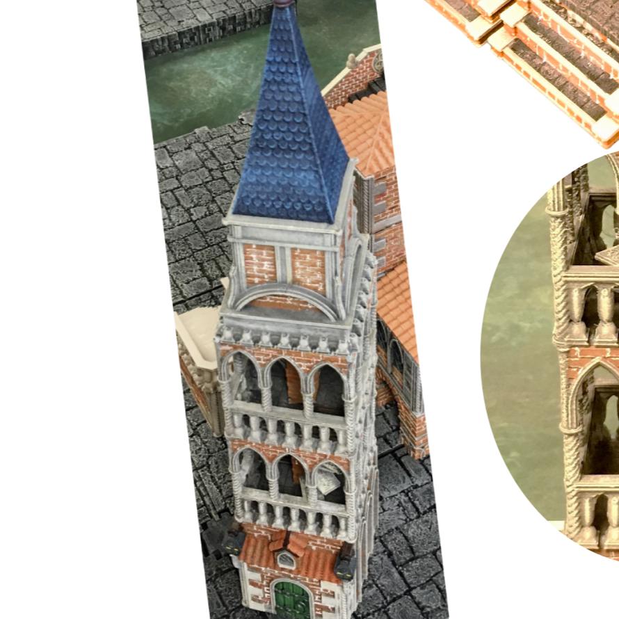 Majestic medieval tower model &quot;Torre dell&#39;Alba&quot; with intricate gothic architecture and a striking blue roof, perfect for tabletop terrain and model railroading.