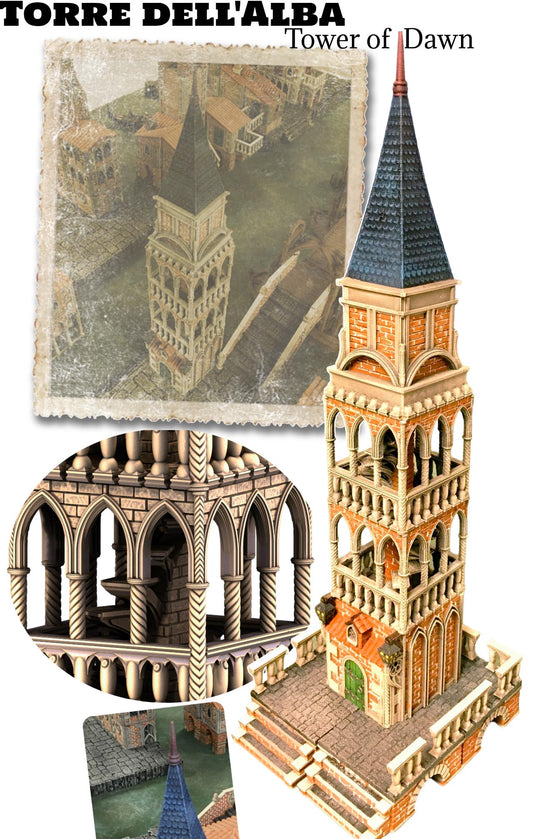 Majestic medieval tower model &quot;Torre dell&#39;Alba&quot; with intricate gothic architecture and a striking blue roof, perfect for tabletop terrain and model railroading.