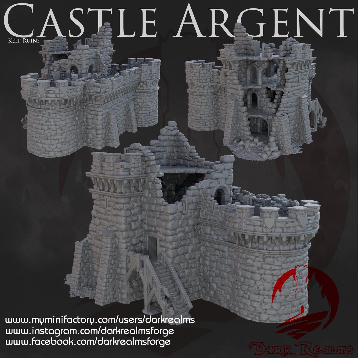 A damaged medieval keep with broken walls, crumbling battlements, and exposed interiors for immersive tabletop RPG and wargaming scenarios. Perfect for sieges, haunted ruins, and abandoned battlefields in Dungeons & Dragons, Pathfinde