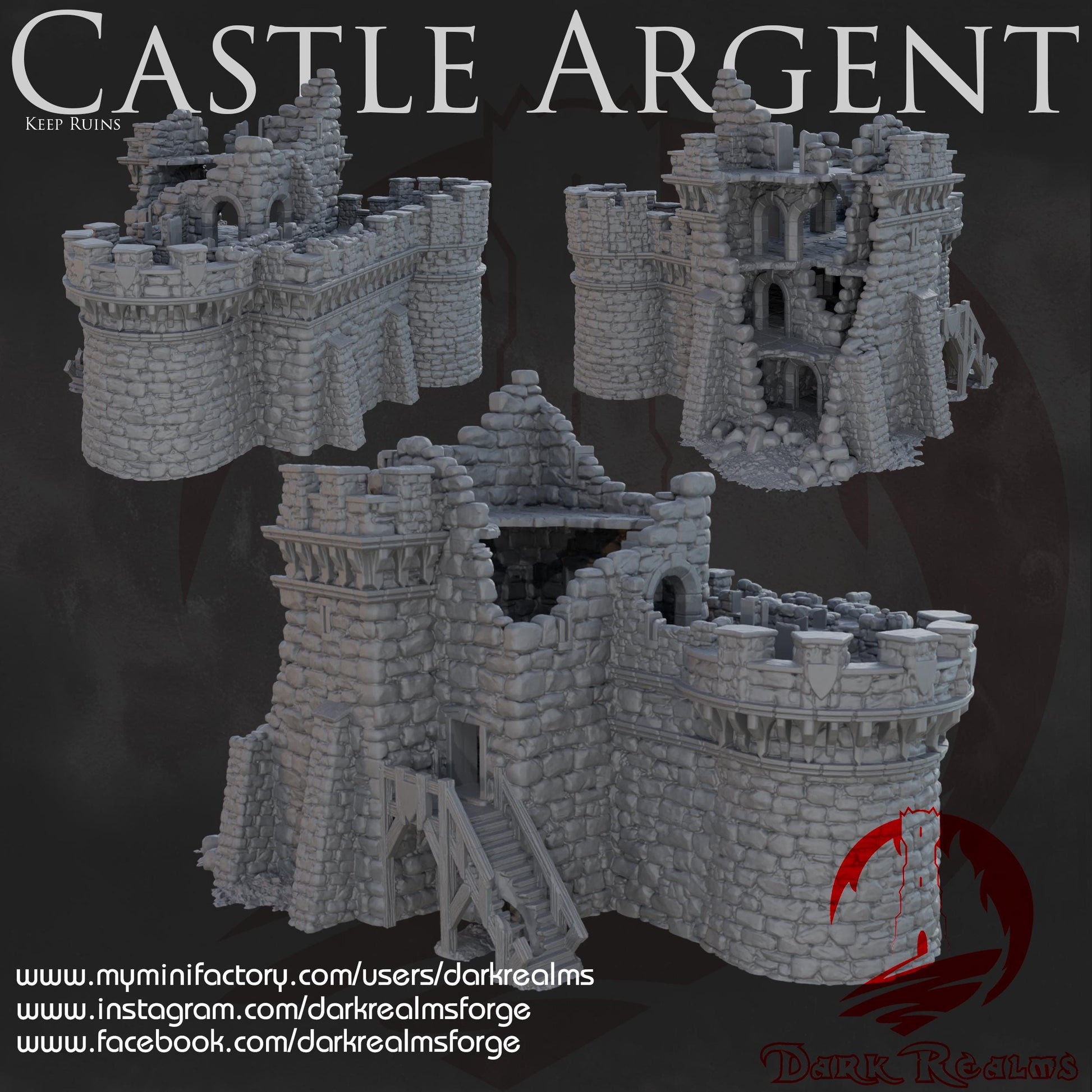 A damaged medieval keep with broken walls, crumbling battlements, and exposed interiors for immersive tabletop RPG and wargaming scenarios. Perfect for sieges, haunted ruins, and abandoned battlefields in Dungeons & Dragons, Pathfinde
