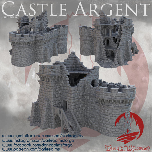 A damaged medieval keep with broken walls, crumbling battlements, and exposed interiors for immersive tabletop RPG and wargaming scenarios. Perfect for sieges, haunted ruins, and abandoned battlefields in Dungeons & Dragons, Pathfinde