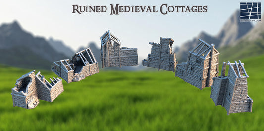 Ruined Medieval Cottages – Set of 6 Fantasy & Historical Wargaming Terrain