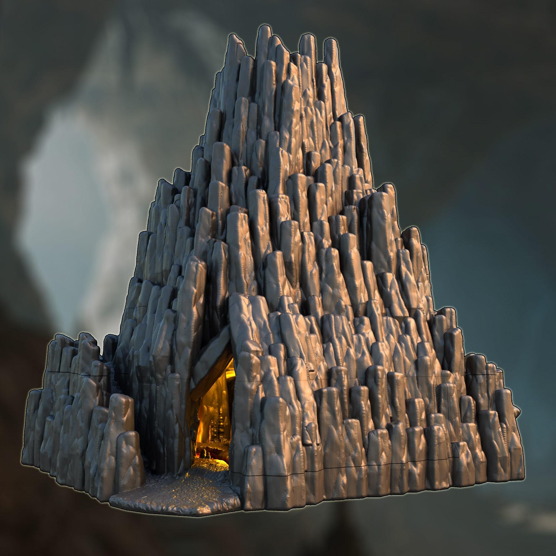 Dragon Cave – A towering rocky lair with a glowing treasure hoard and modular, multi-level interior. Perfect for D&D, Pathfinder, and wargaming.