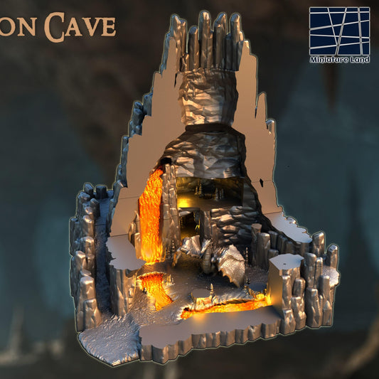 Dragon Cave – A towering rocky lair with a glowing treasure hoard and modular, multi-level interior. Perfect for D&D, Pathfinder, and wargaming.
