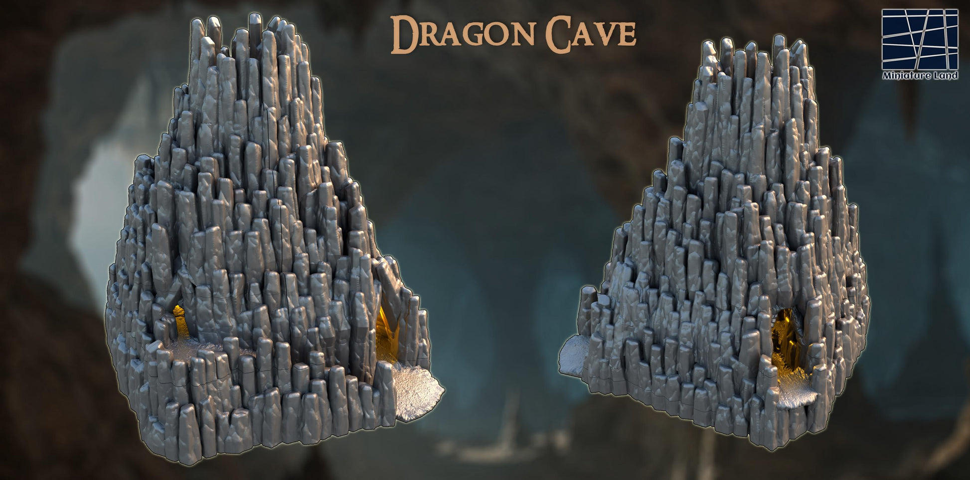 Dragon Cave – A towering rocky lair with a glowing treasure hoard and modular, multi-level interior. Perfect for D&D, Pathfinder, and wargaming.