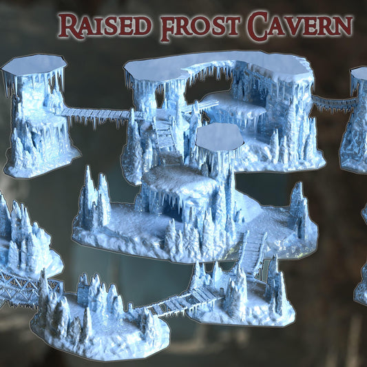 Raised Frost Cavern – A modular, multi-tiered ice cave with frozen bridges, glacial cliffs, and perilous terrain. Perfect for D&D, Pathfinder, and wargaming.