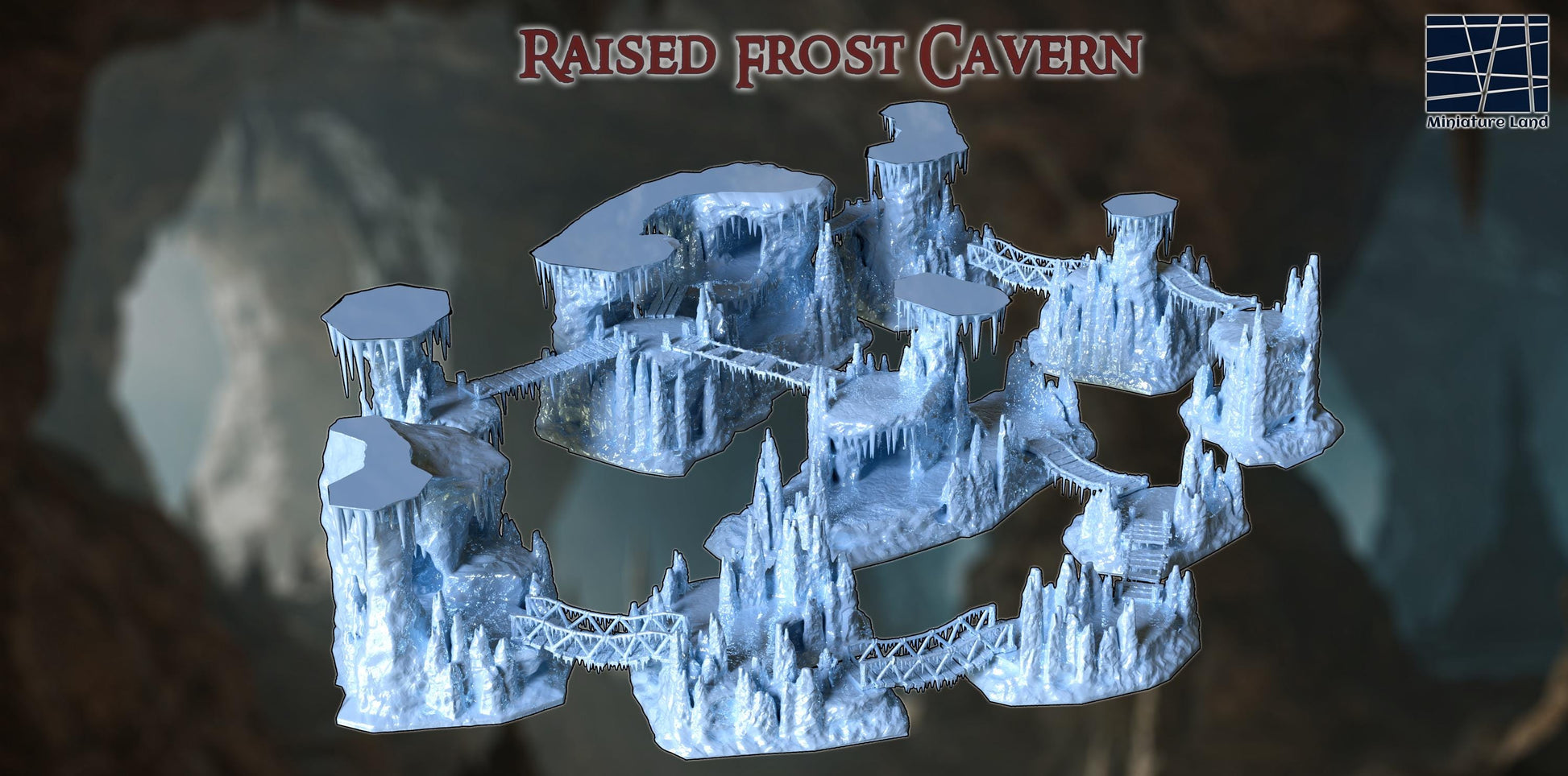 Raised Frost Cavern – A modular, multi-tiered ice cave with frozen bridges, glacial cliffs, and perilous terrain. Perfect for D&D, Pathfinder, and wargaming.