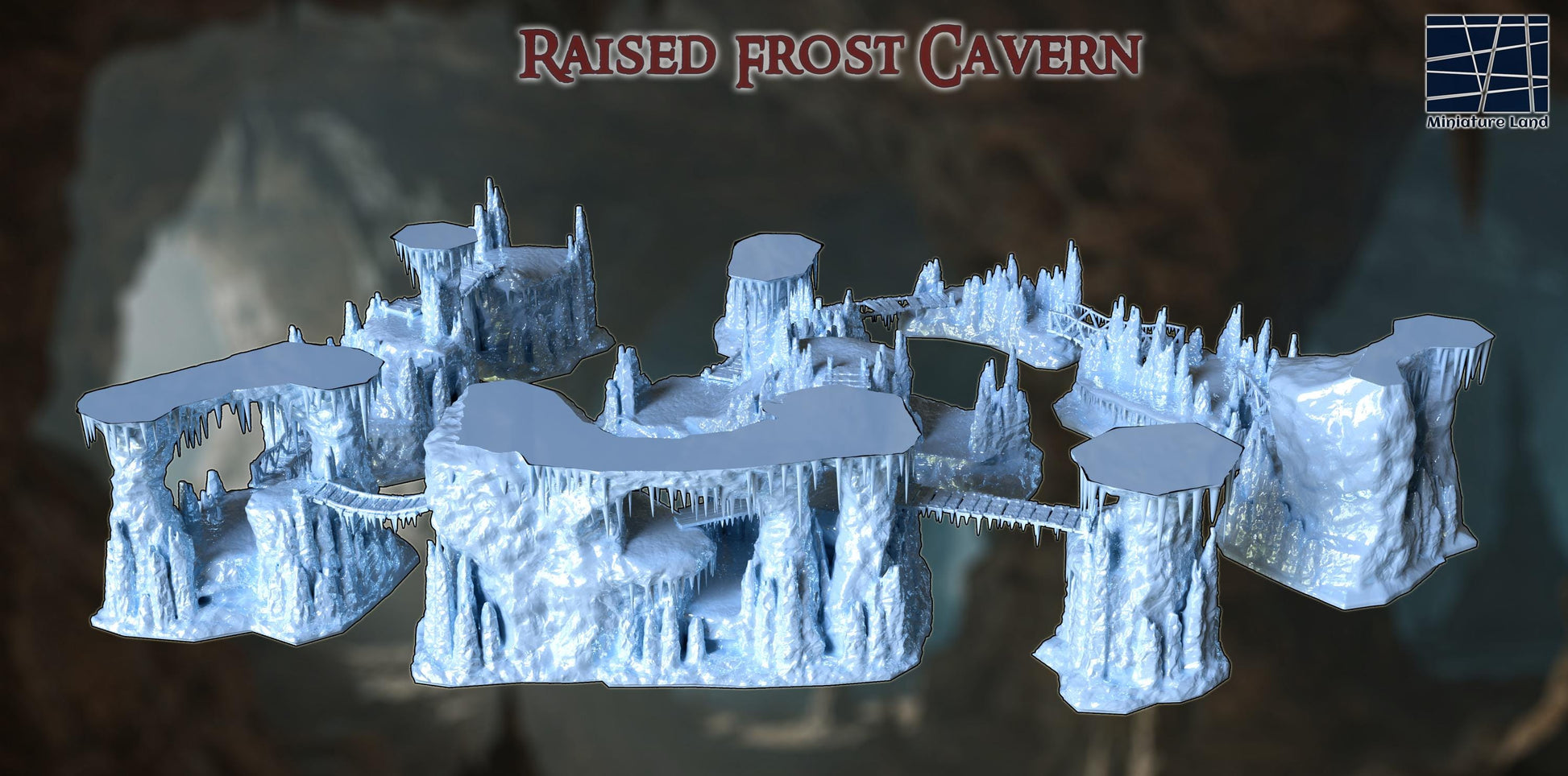 Raised Frost Cavern – A modular, multi-tiered ice cave with frozen bridges, glacial cliffs, and perilous terrain. Perfect for D&D, Pathfinder, and wargaming.