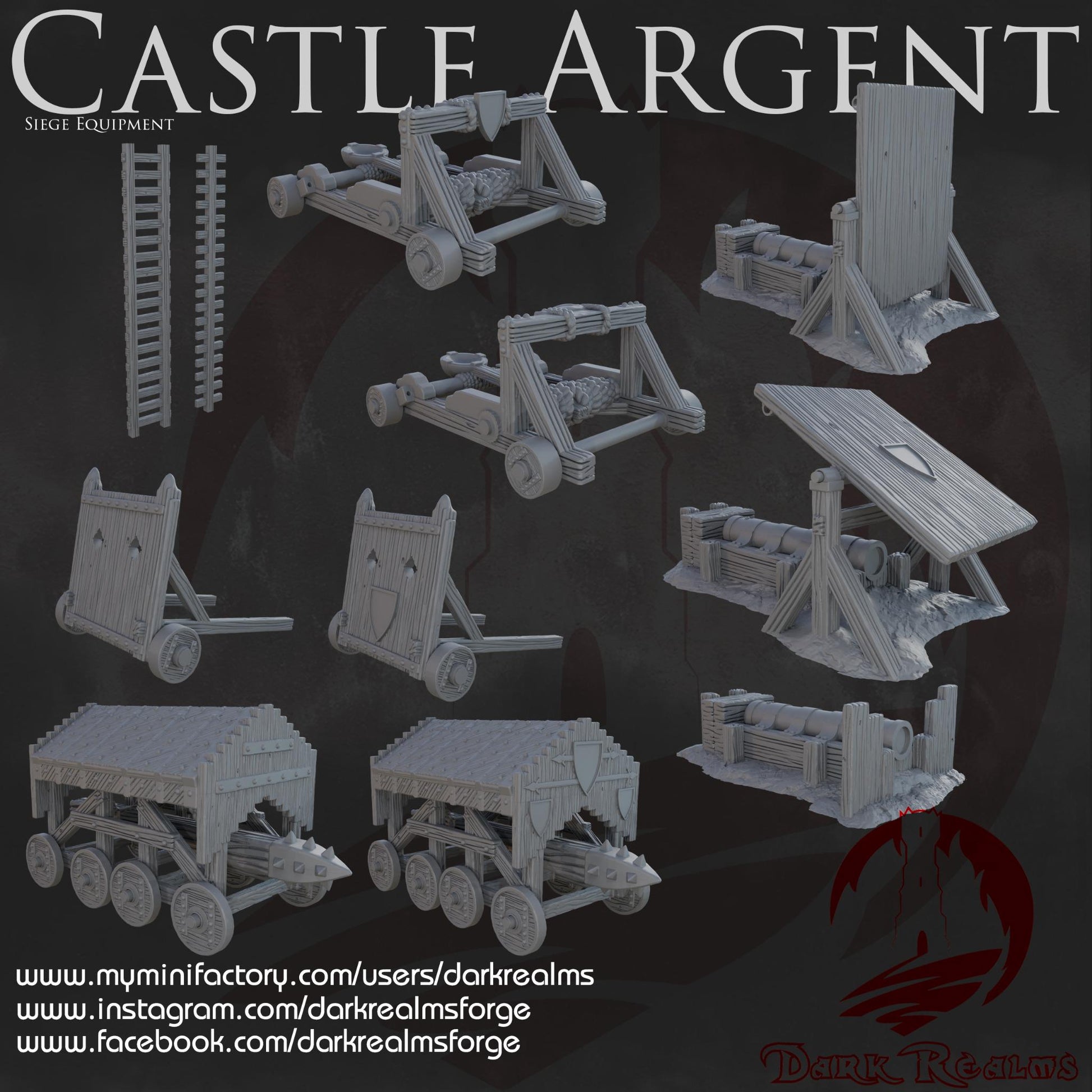 Castle Argent Siege Equipment – A detailed set of medieval war machines including catapults, battering rams, siege ladders, and fortification defenses for tabletop RPGs and wargames.
