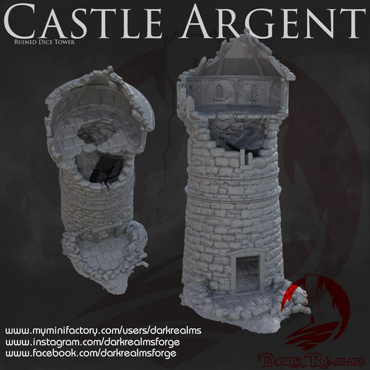 Castle Argent Ruined Dice Tower – Functional dice tower and immersive RPG terrain piece. Perfect for Dungeons & Dragons, Pathfinder, and fantasy wargames.