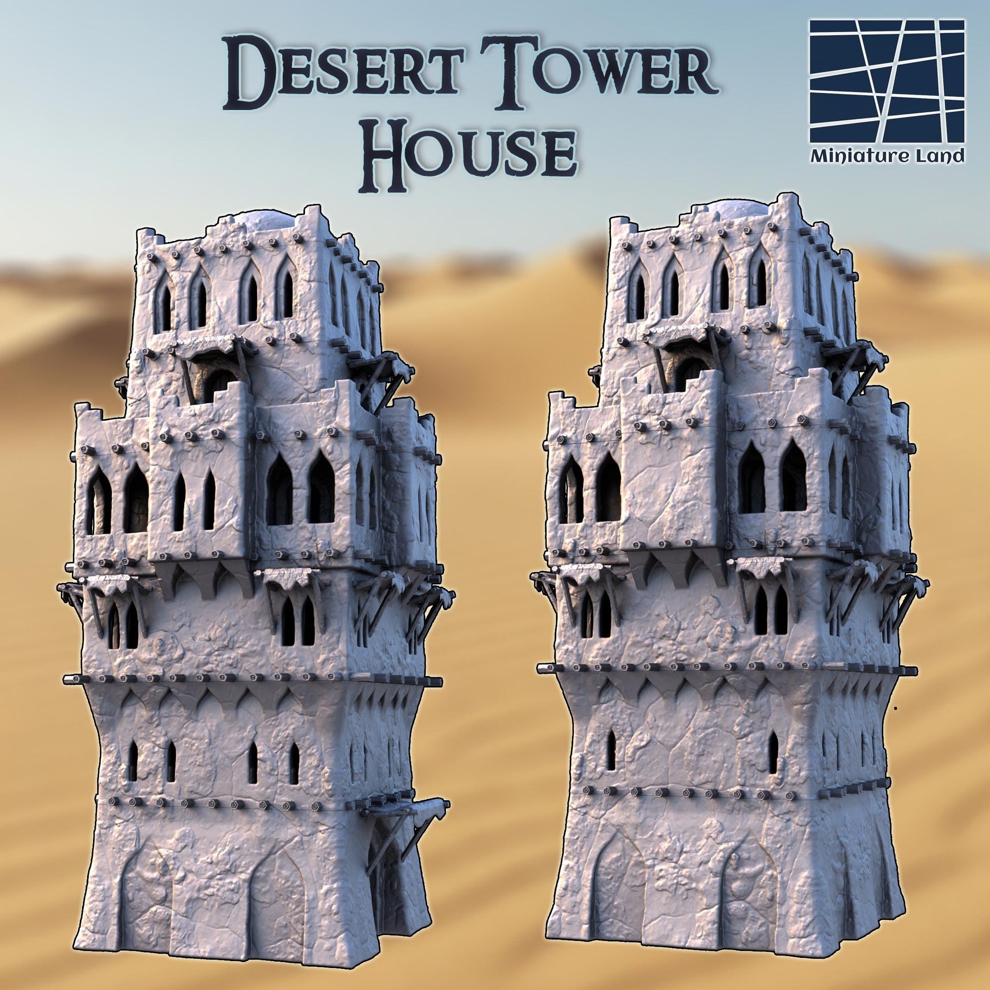 Desert Tower House – A modular multi-level fortress with detailed stone textures, arched windows, and playable interiors. Perfect for D&D, Pathfinder, and tabletop RPG campaigns.