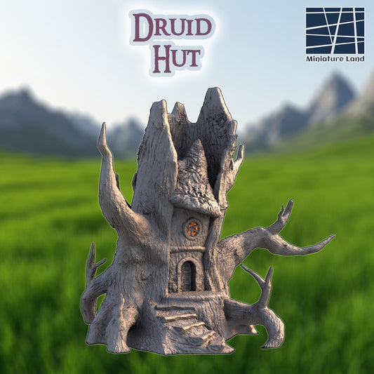 Druid Hut – A magical treehouse carved into an ancient tree, featuring twisting branches, glowing windows, and a hidden sanctuary. Perfect for D&D, Pathfinder, and tabletop RPG campaigns.