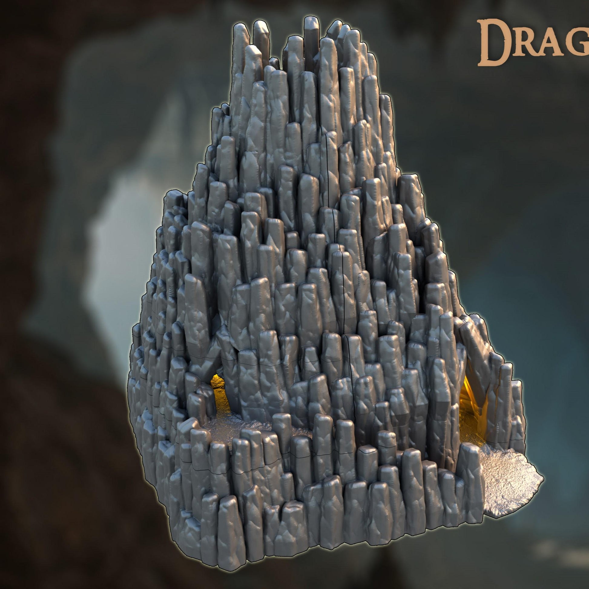 Dragon Cave – A towering rocky lair with a glowing treasure hoard and modular, multi-level interior. Perfect for D&D, Pathfinder, and wargaming.