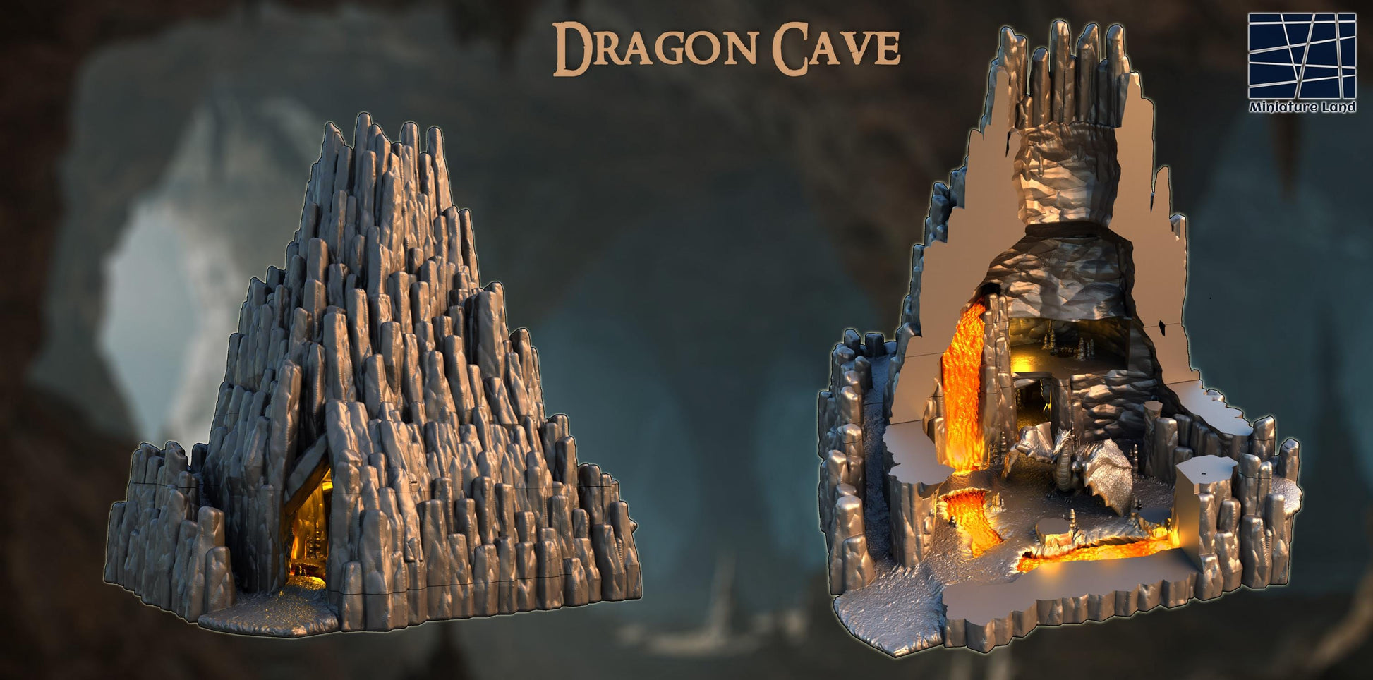 Dragon Cave – A towering rocky lair with a glowing treasure hoard and modular, multi-level interior. Perfect for D&D, Pathfinder, and wargaming.