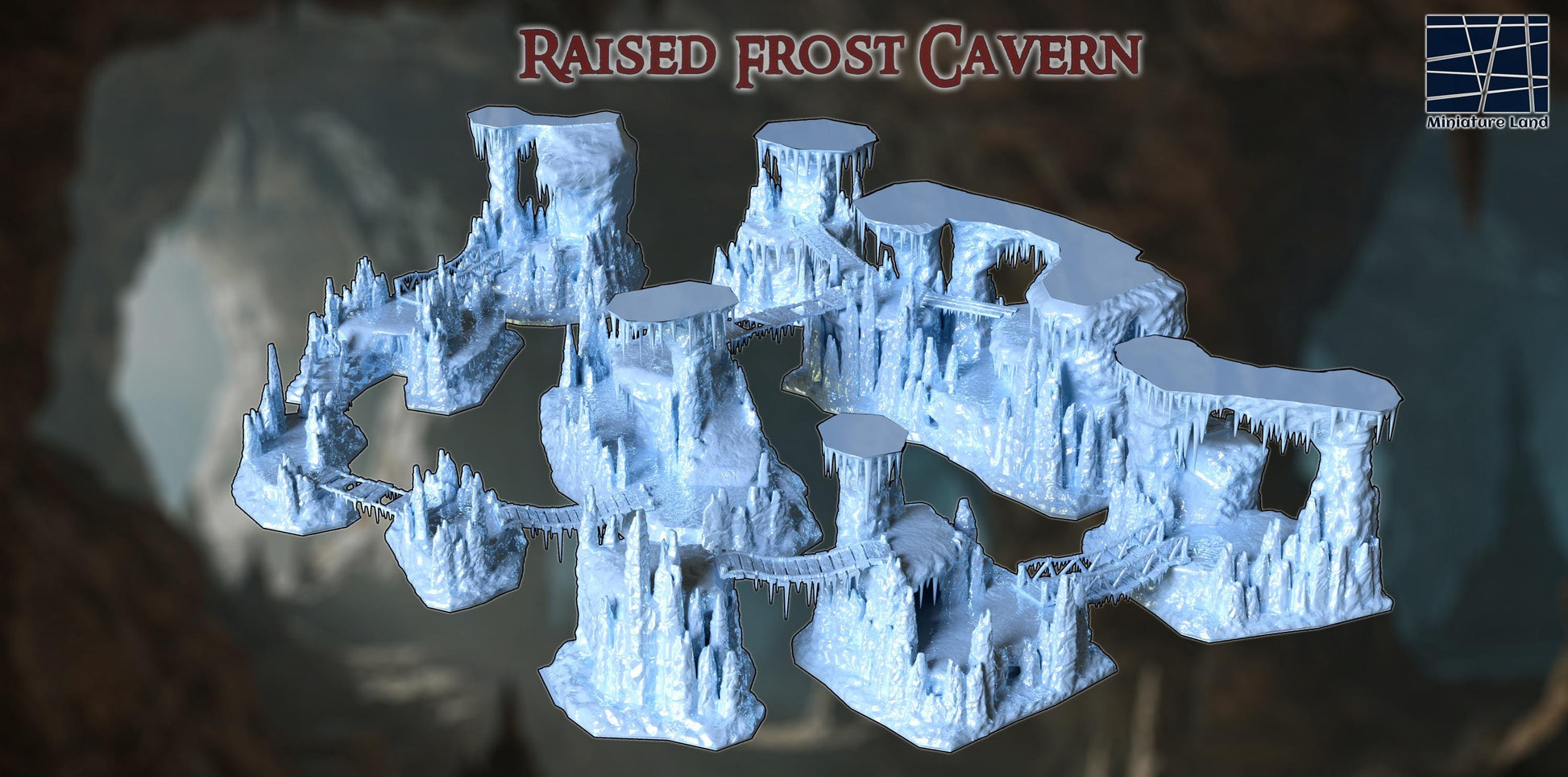 Raised Frost Cavern – A modular, multi-tiered ice cave with frozen bridges, glacial cliffs, and perilous terrain. Perfect for D&D, Pathfinder, and wargaming.