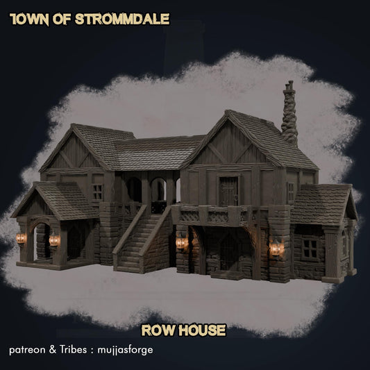 Strommdale Row House – A multi-unit medieval row home with a central archway and playable interior, ideal for RPG and wargaming terrain. Compatible with Dungeons & Dragons, Pathfinder, and other tabletop games.