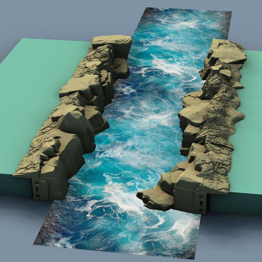 River’s Edge Eroded Cliff – 25 inches of dramatic, modular riverbank cliffs for tabletop RPGs and wargames, featuring steep rock faces, climbing mechanics, and strategic high-ground encounters.
