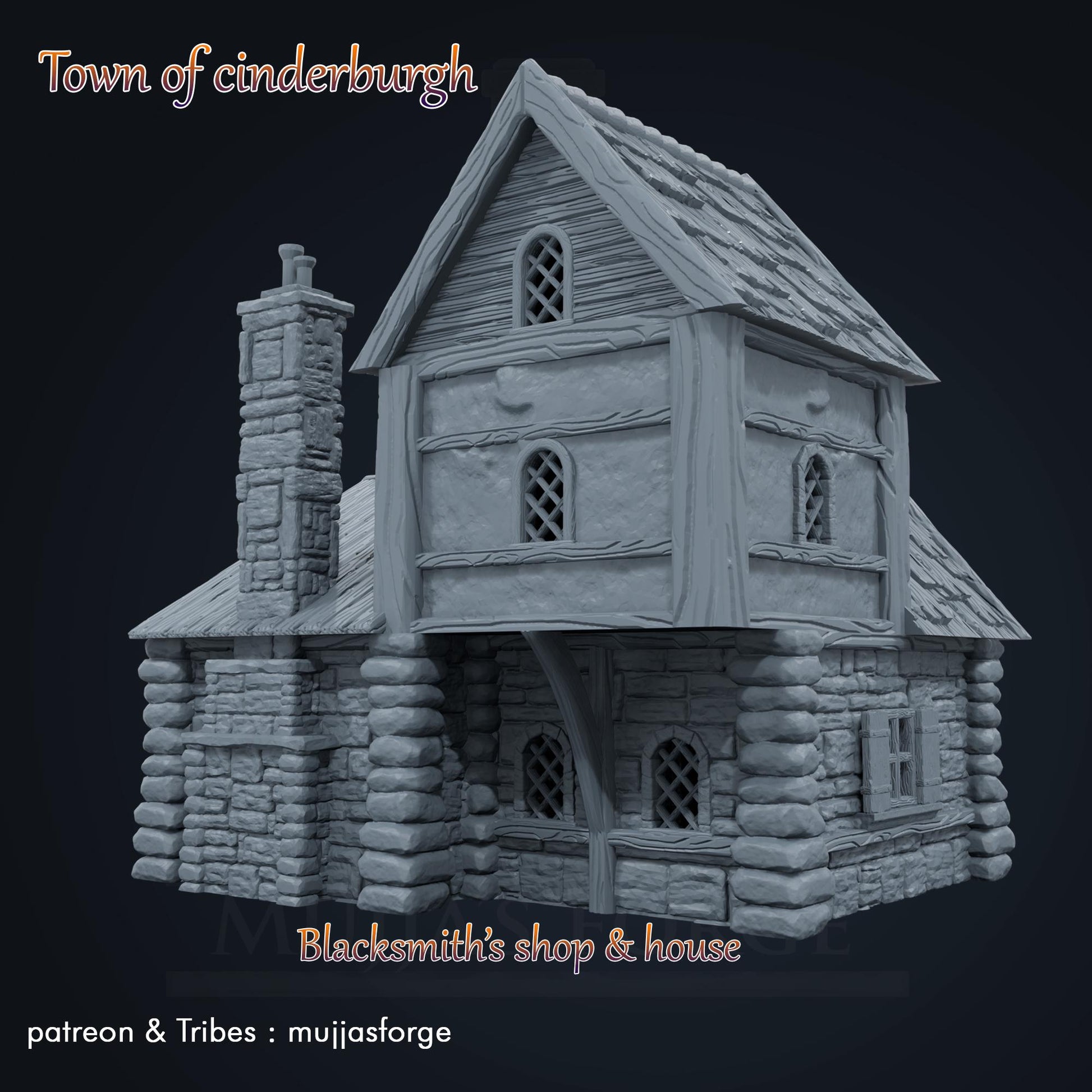 Medieval blacksmith’s house with detailed forge, living quarters, and open-air workshop. Perfect for fantasy and historical tabletop games at 10mm, 15mm, 18mm, 20mm, 28mm, and 32mm scales.
